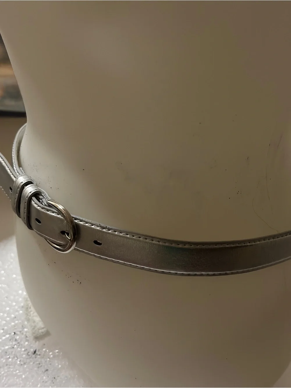 Genuine Leather Metallic Silver Skinny Belt Silver Tone Buckle 1” x 40”